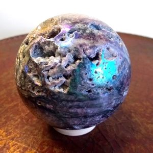 Aura amethyst sphere with druzy. 536g. Approx. 3" width. 9.5" circumference.
